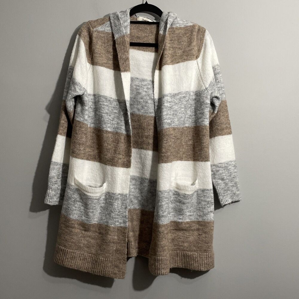 Peyton Primrose Brown Striped Knit Hoodie Sweater Casual Cozy Size Large